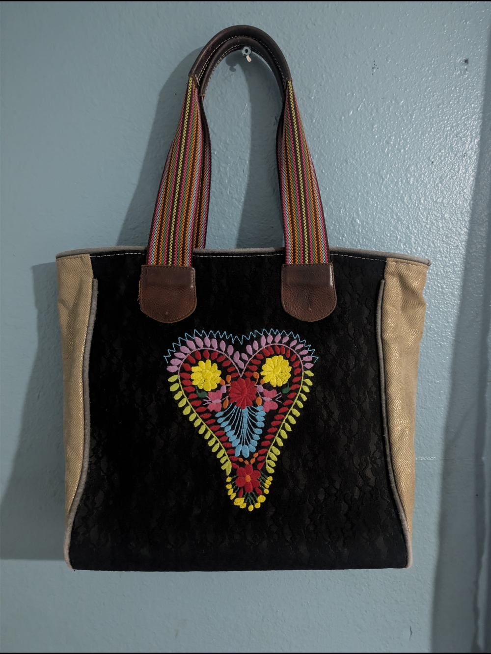 Consuela Bohemian Heart Embroidered Tote Bag - Black & Beige